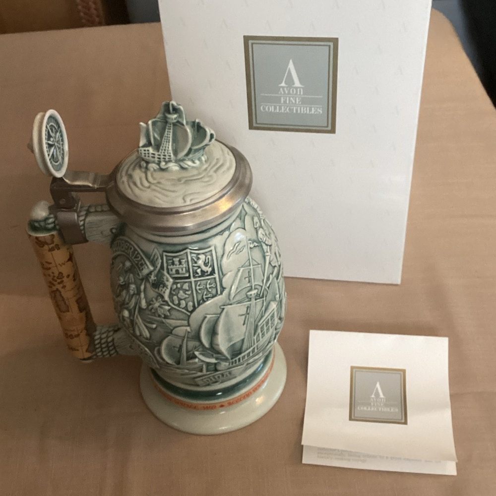 New inbox Avon Christopher Columbus Ceramic Stein - Gray and Cream